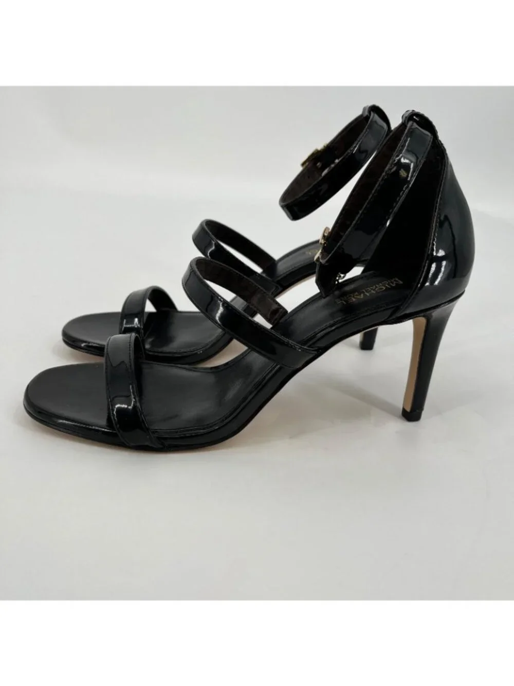 Michael Kors Koda Sandals Black Size 6.5M Faux Leather 3in Heel Ankle Strap